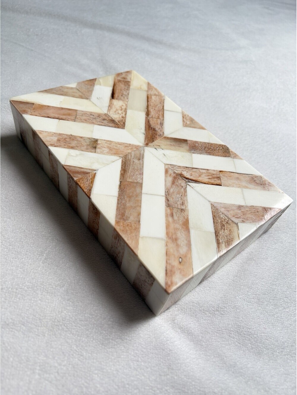 Rectangular Wood Decorative Box w/ Removable Lid, White/Brown Geometric